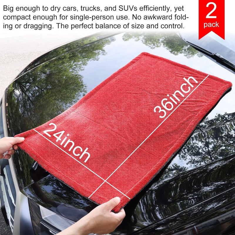 Singrune 2 Pack XL Car Drying Towel – 1300GSM Ultra Absorbent Microfiber, 24"x36" Large Size, Twisted Loop, Lint-Free & Streak-Free for Auto Detailing, Car, SUV, Truck(Gray-RED) - Image 2